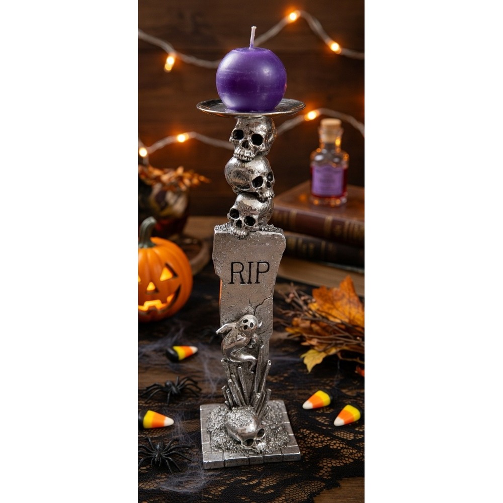 Halloween Candle Holder, Silver Tone Gravestone Theme RIP, 12" Tall, Wax Residue